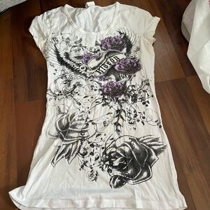 Women's White and Purple Graphic Tee
